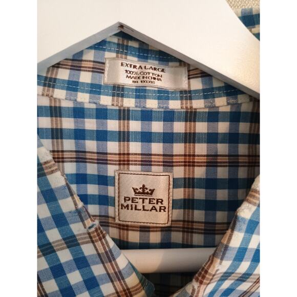 Peter Millar Shirt Men XL Blue Brown White Check Preppy Career Classic Button Up - Picture 3 of 9